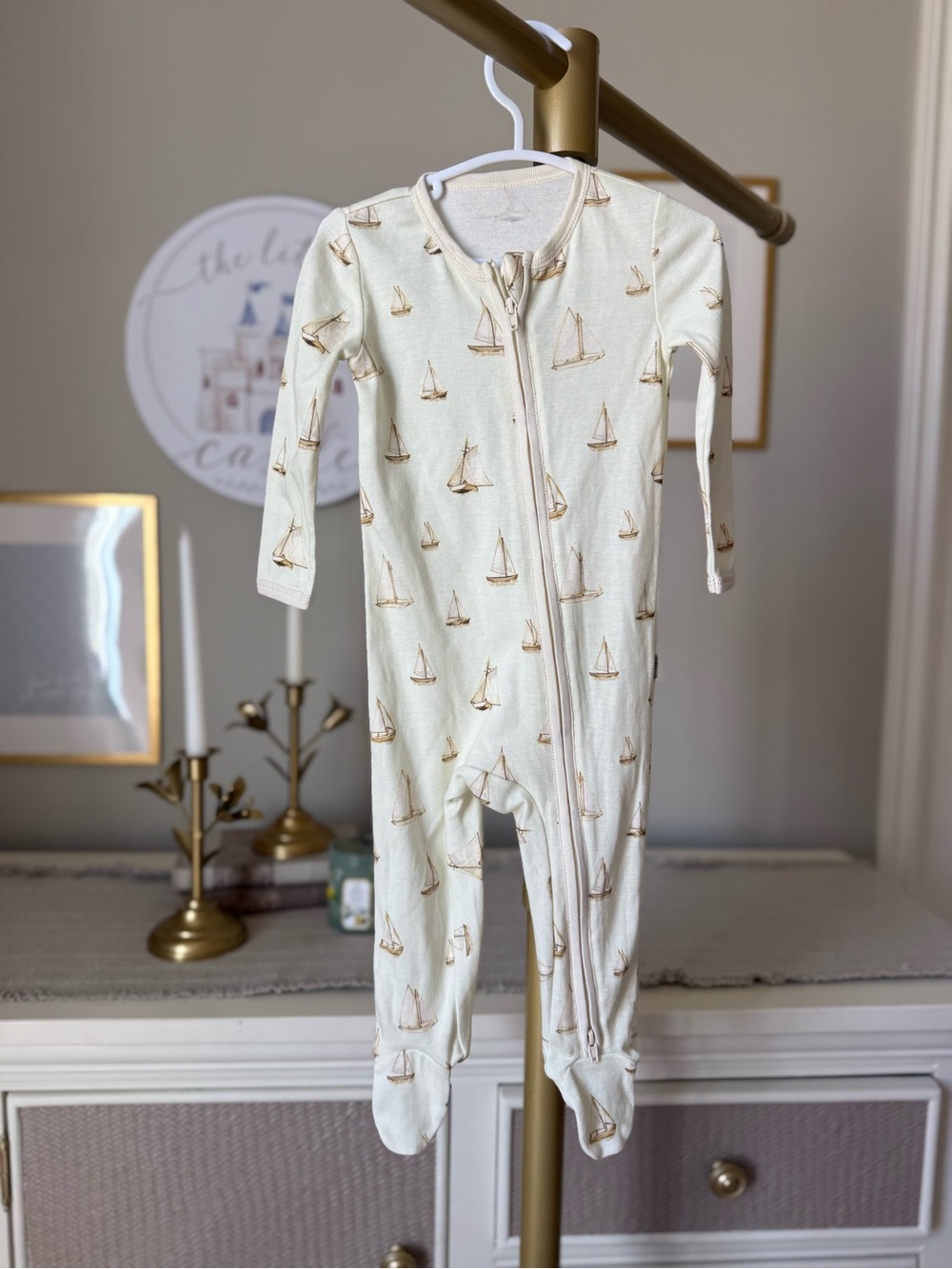 Cream Sailboat Print Zip Front Baby One-Piece